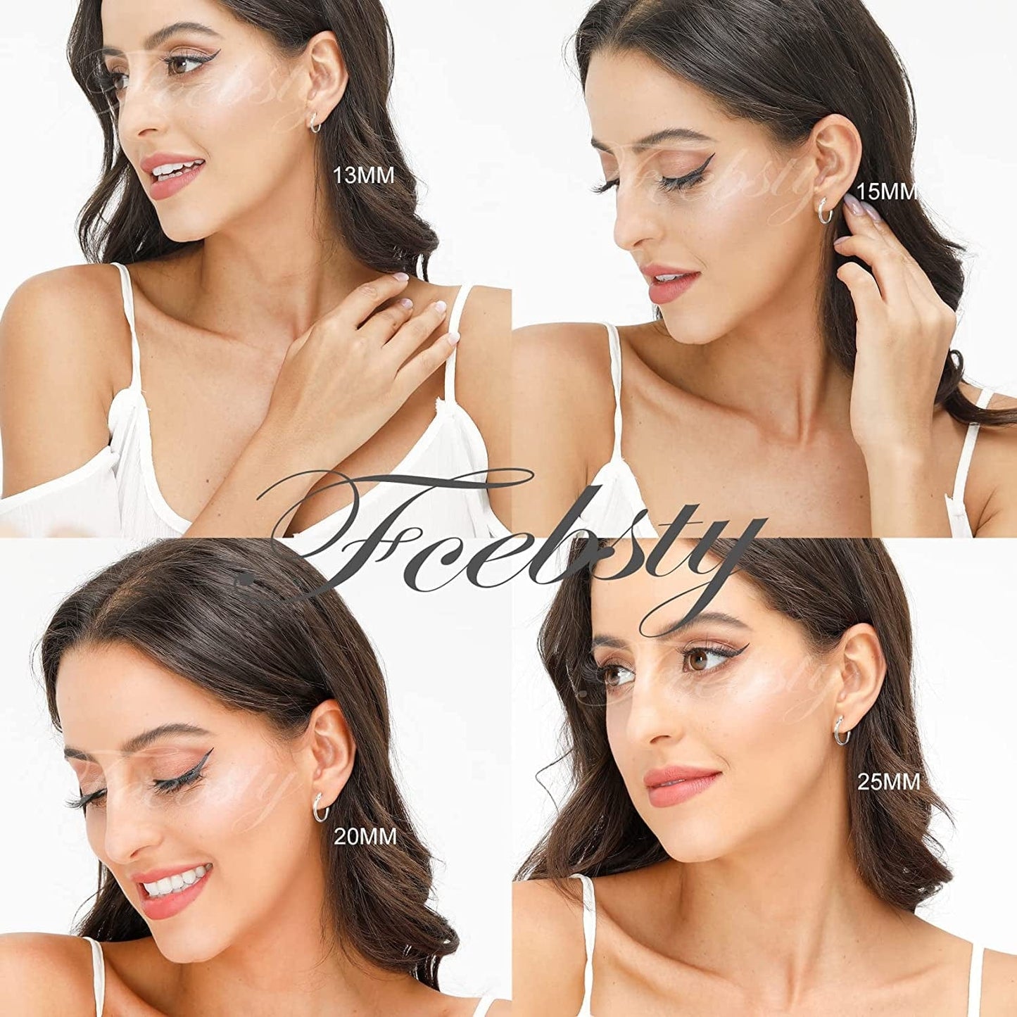 3 Pairs 925 Sterling Silver Hoop Earrings | Small White Gold Plated Hoop Earrings for Women Girls (13Mm,15Mm,20Mm，25Mm,30Mm,40Mm,50Mm,60Mm)