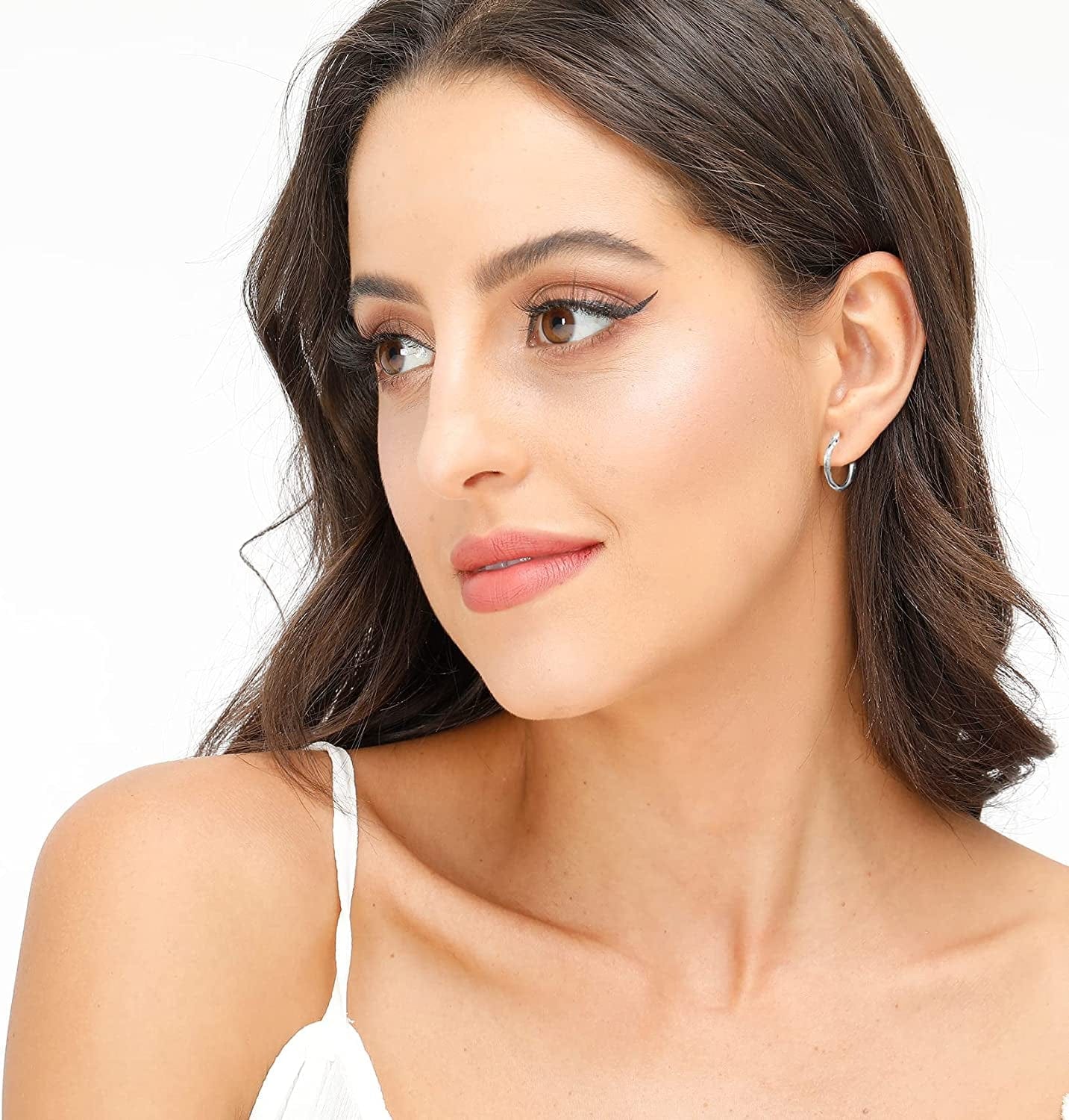3 Pairs 925 Sterling Silver Hoop Earrings | Small White Gold Plated Hoop Earrings for Women Girls (13Mm,15Mm,20Mm，25Mm,30Mm,40Mm,50Mm,60Mm)