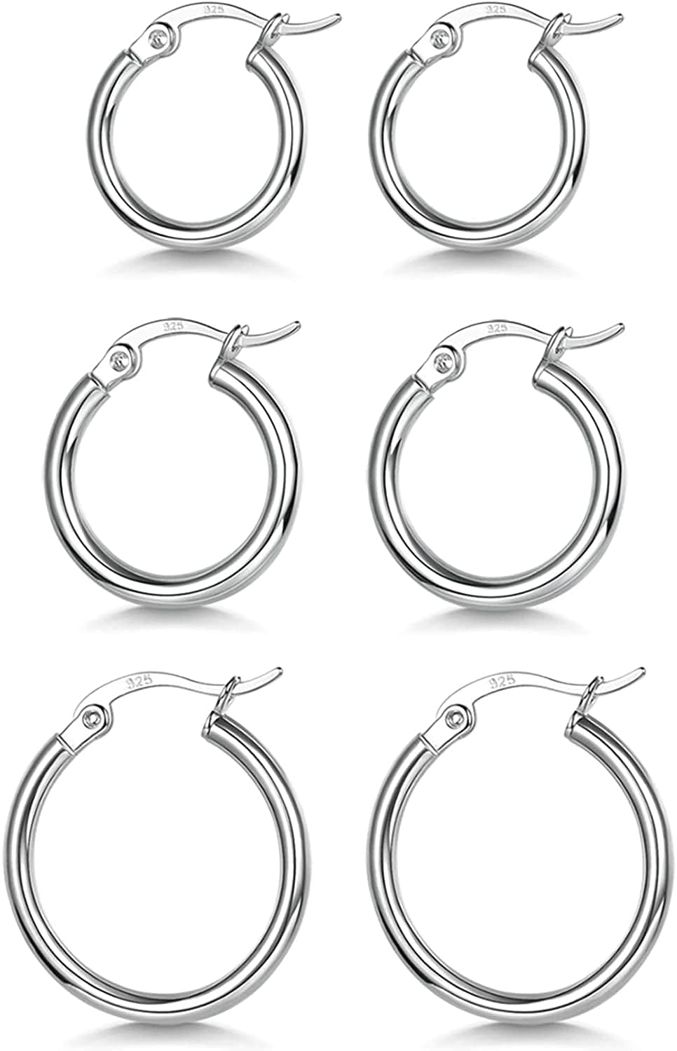3 Pairs 925 Sterling Silver Hoop Earrings | Small White Gold Plated Hoop Earrings for Women Girls (13Mm,15Mm,20Mm，25Mm,30Mm,40Mm,50Mm,60Mm) a-Silver-13/15/20mm