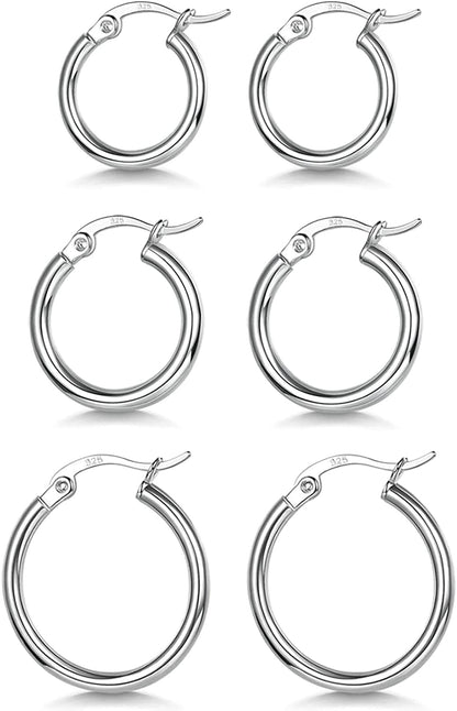 3 Pairs 925 Sterling Silver Hoop Earrings | Small White Gold Plated Hoop Earrings for Women Girls (13Mm,15Mm,20Mm，25Mm,30Mm,40Mm,50Mm,60Mm) a-Silver-13/15/20mm