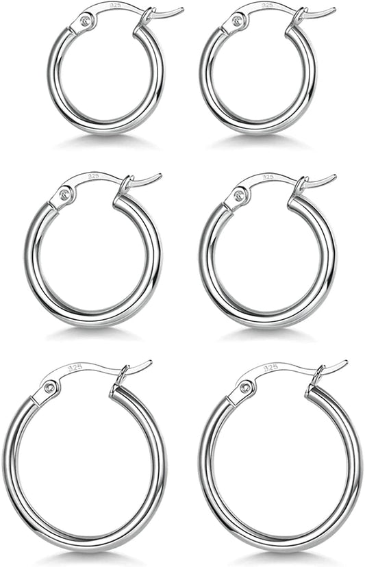 3 Pairs 925 Sterling Silver Hoop Earrings | Small White Gold Plated Hoop Earrings for Women Girls (13Mm,15Mm,20Mm，25Mm,30Mm,40Mm,50Mm,60Mm) a-Silver-13/15/20mm