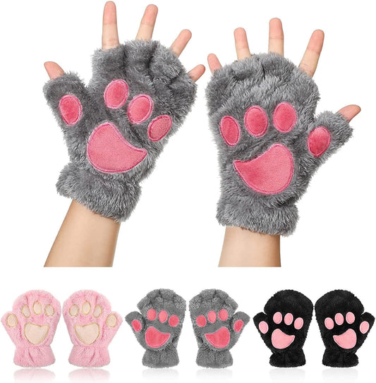 3 Pairs Cat Paw Gloves Fingerless Fuzzy Plush Gloves for Women Girls Apparel & Accessories > Clothing Accessories > Gloves & Mittens SATINIOR Black, Grey, Pink  