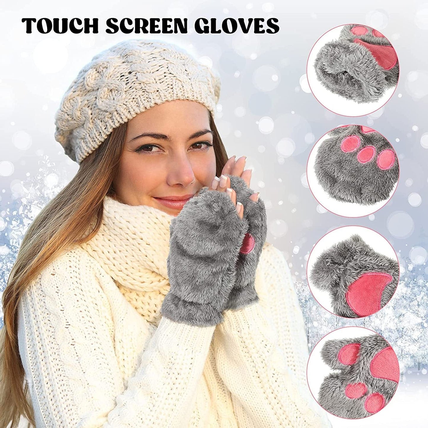 3 Pairs Cat Paw Gloves Fingerless Fuzzy Plush Gloves for Women Girls Apparel & Accessories > Clothing Accessories > Gloves & Mittens SATINIOR   