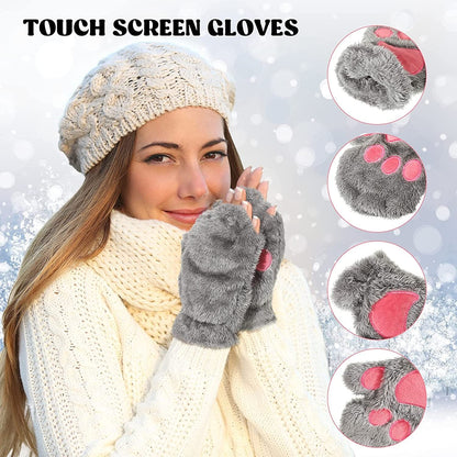 3 Pairs Cat Paw Gloves Fingerless Fuzzy Plush Gloves for Women Girls Apparel & Accessories > Clothing Accessories > Gloves & Mittens SATINIOR   