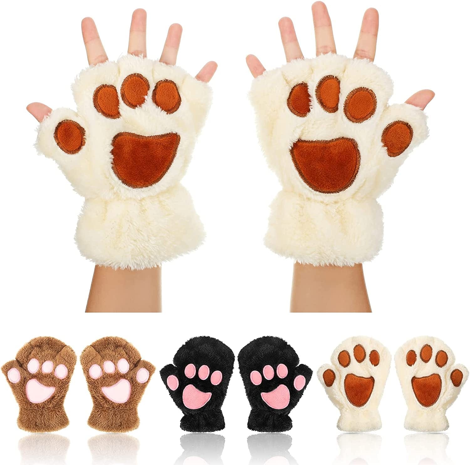 3 Pairs Cat Paw Gloves Fingerless Fuzzy Plush Gloves for Women Girls Apparel & Accessories > Clothing Accessories > Gloves & Mittens SATINIOR Brown, Black, White  