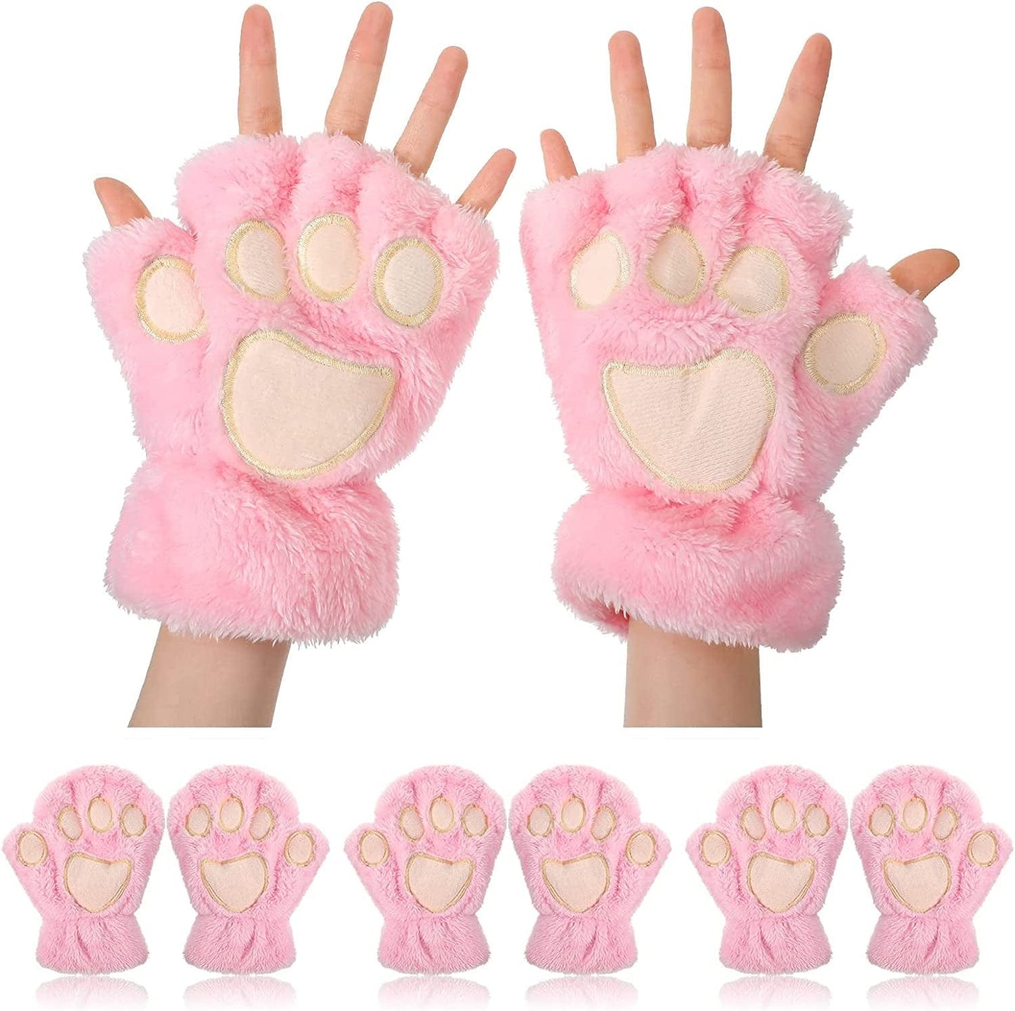 3 Pairs Cat Paw Gloves Fingerless Fuzzy Plush Gloves for Women Girls Apparel & Accessories > Clothing Accessories > Gloves & Mittens SATINIOR Pink  