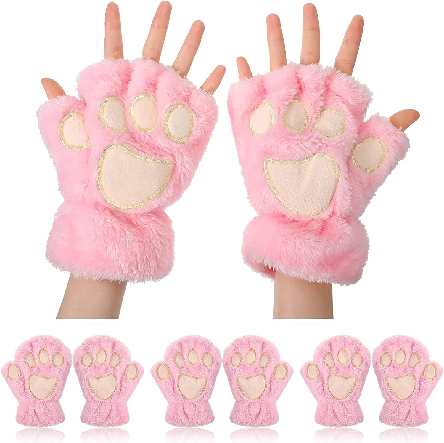 3 Pairs Cat Paw Gloves Fingerless Fuzzy Plush Gloves for Women Girls Apparel & Accessories > Clothing Accessories > Gloves & Mittens SATINIOR Pink  