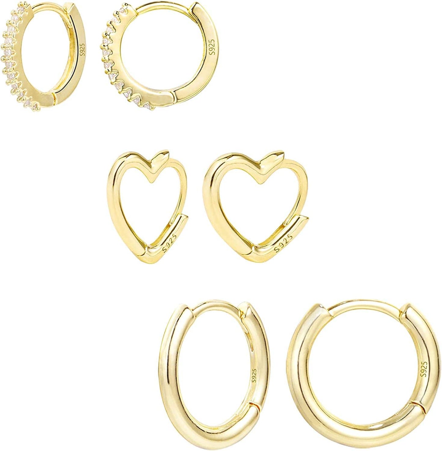 3 Pairs Small Huggie Hoop Earrings Set 14K Gold Hypoallergenic Lightweight Huggie Hoops Earrings for Women Girls B-Heart + Cubic Zircon + Smooth Huggie Hoop Earrings（14K Gold）