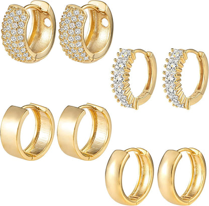 3 Pairs Small Huggie Hoop Earrings Set 14K Gold Hypoallergenic Lightweight Huggie Hoops Earrings for Women Girls D-14K Gold（4 Pairs）