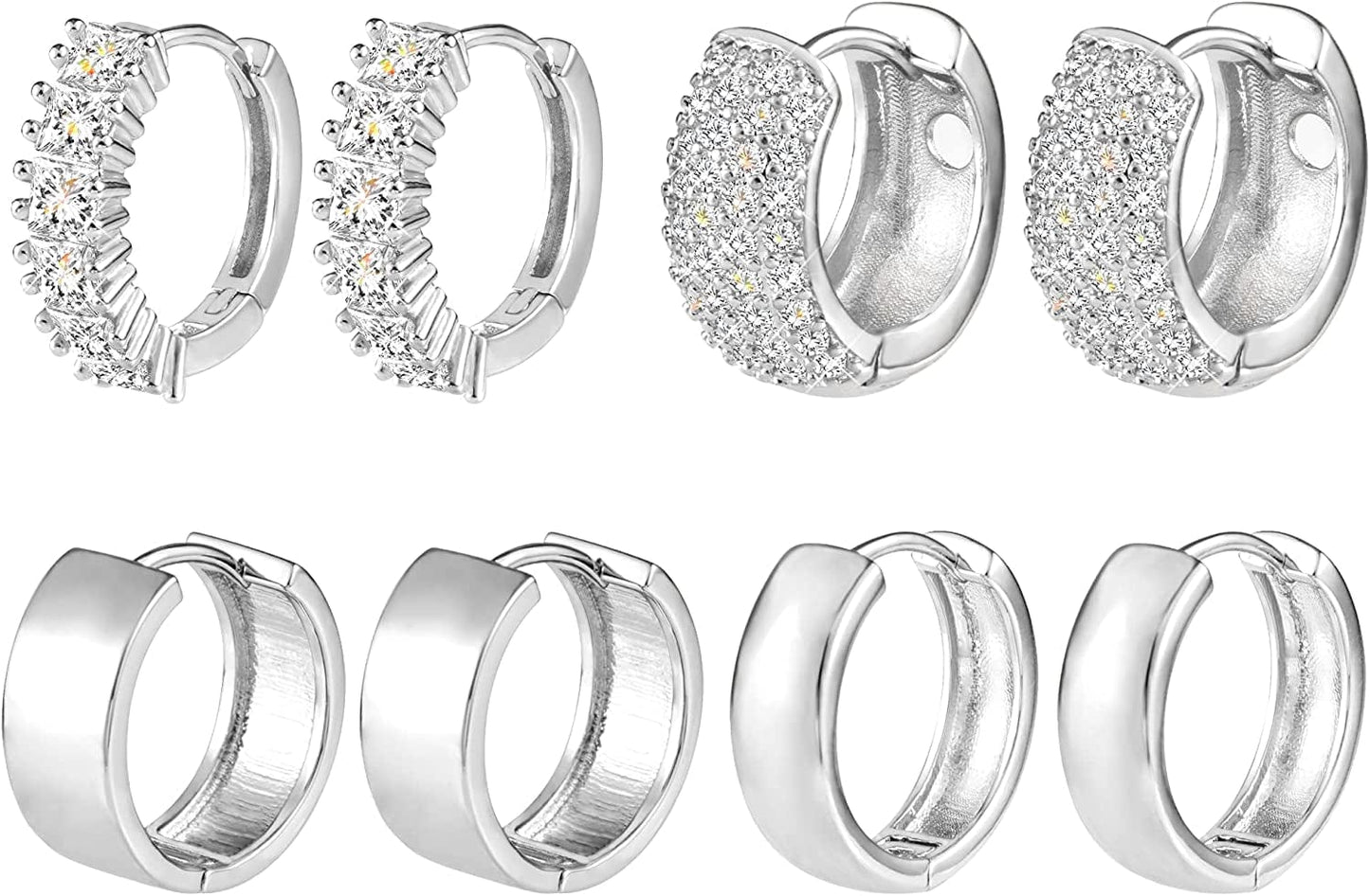 3 Pairs Small Huggie Hoop Earrings Set 14K Gold Hypoallergenic Lightweight Huggie Hoops Earrings for Women Girls D-Silver（4 Pairs）
