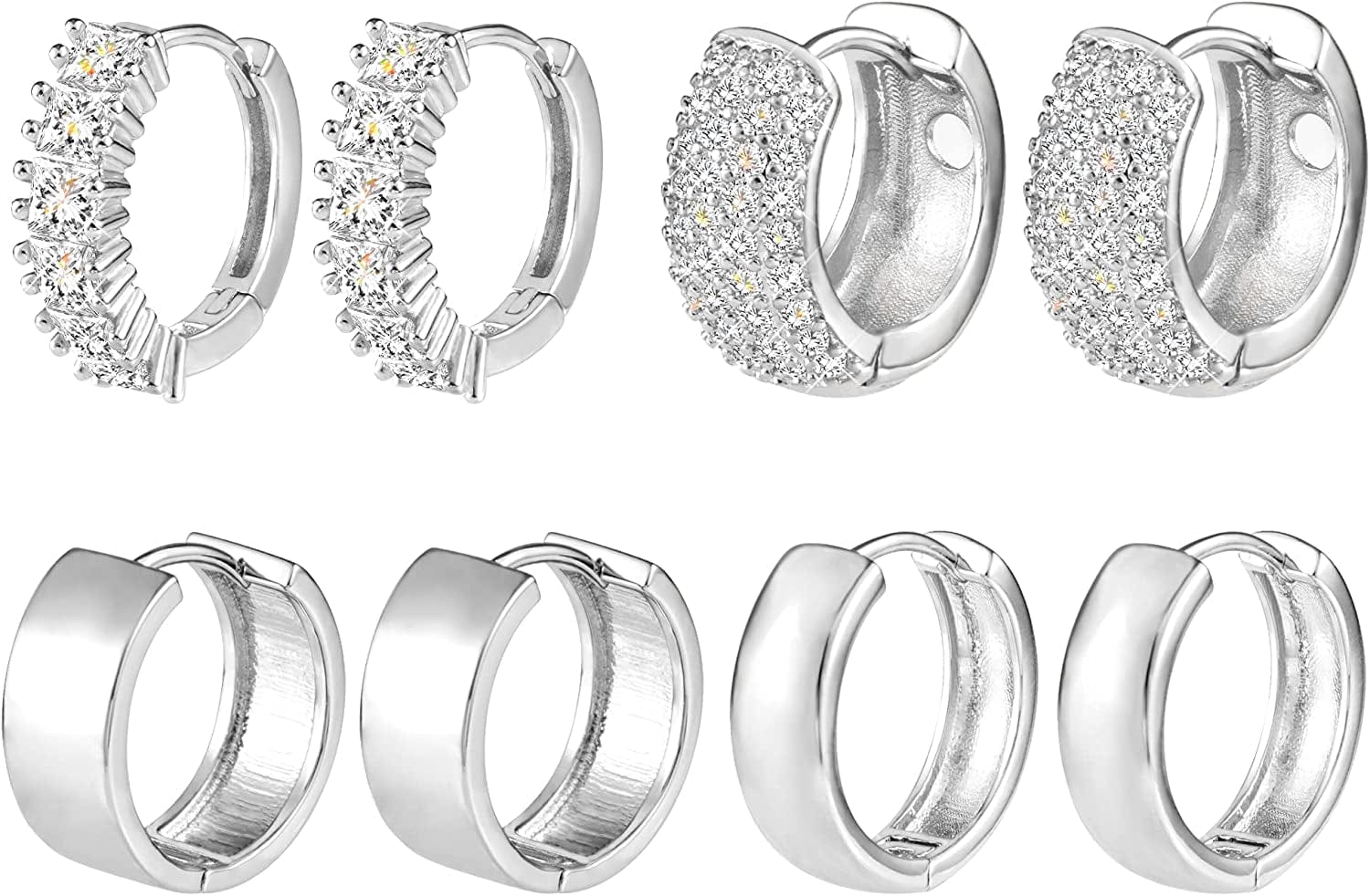 3 Pairs Small Huggie Hoop Earrings Set 14K Gold Hypoallergenic Lightweight Huggie Hoops Earrings for Women Girls D-Silver（4 Pairs）