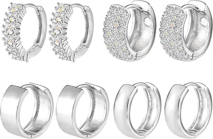 3 Pairs Small Huggie Hoop Earrings Set 14K Gold Hypoallergenic Lightweight Huggie Hoops Earrings for Women Girls D-Silver（4 Pairs）