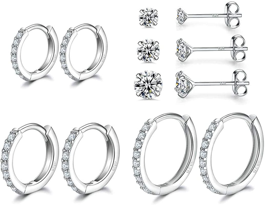 3 Pairs Sterling Silver Small Hoop Earrings Tiny Cartilage Earring Cubic Zirconia Cuff Huggie Earrings Mini Hoops Earrings Piercing for Women Girls Apparel & Accessories > Jewelry > Earrings Dlihc 1# hoop-8/10/12mm and stud-2/3/4mm  