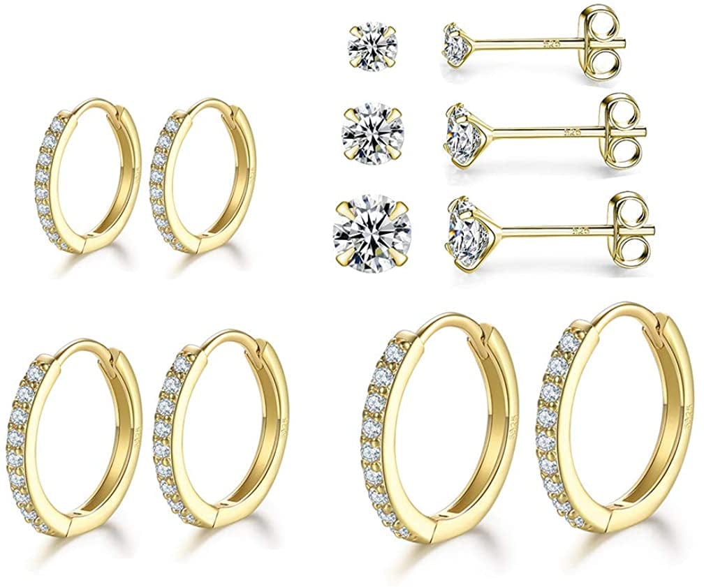 3 Pairs Sterling Silver Small Hoop Earrings Tiny Cartilage Earring Cubic Zirconia Cuff Huggie Earrings Mini Hoops Earrings Piercing for Women Girls Apparel & Accessories > Jewelry > Earrings Dlihc 2# Gold  