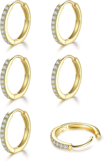 3 Pairs Sterling Silver Small Hoop Earrings Tiny Cartilage Earring Cubic Zirconia Cuff Huggie Earrings Mini Hoops Earrings Piercing for Women Girls Apparel & Accessories > Jewelry > Earrings Dlihc 7# Gold 3 Pairs 8mm  