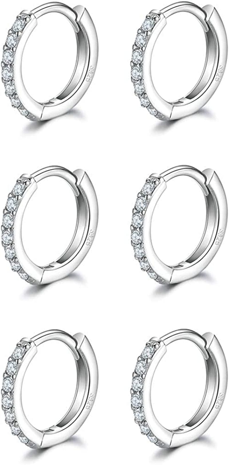 3 Pairs Sterling Silver Small Hoop Earrings Tiny Cartilage Earring Cubic Zirconia Cuff Huggie Earrings Mini Hoops Earrings Piercing for Women Girls Apparel & Accessories > Jewelry > Earrings Dlihc 6# Silver 3 Pairs 8mm  
