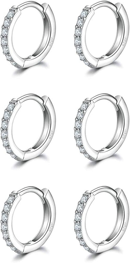 3 Pairs Sterling Silver Small Hoop Earrings Tiny Cartilage Earring Cubic Zirconia Cuff Huggie Earrings Mini Hoops Earrings Piercing for Women Girls Apparel & Accessories > Jewelry > Earrings Dlihc 6# Silver 3 Pairs 8mm  