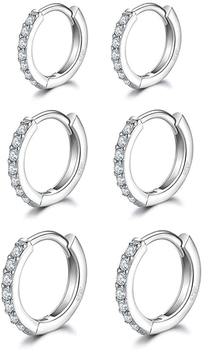 3 Pairs Sterling Silver Small Hoop Earrings Tiny Cartilage Earring Cubic Zirconia Cuff Huggie Earrings Mini Hoops Earrings Piercing for Women Girls Apparel & Accessories > Jewelry > Earrings Dlihc 3# Silver 8/10/12mm  