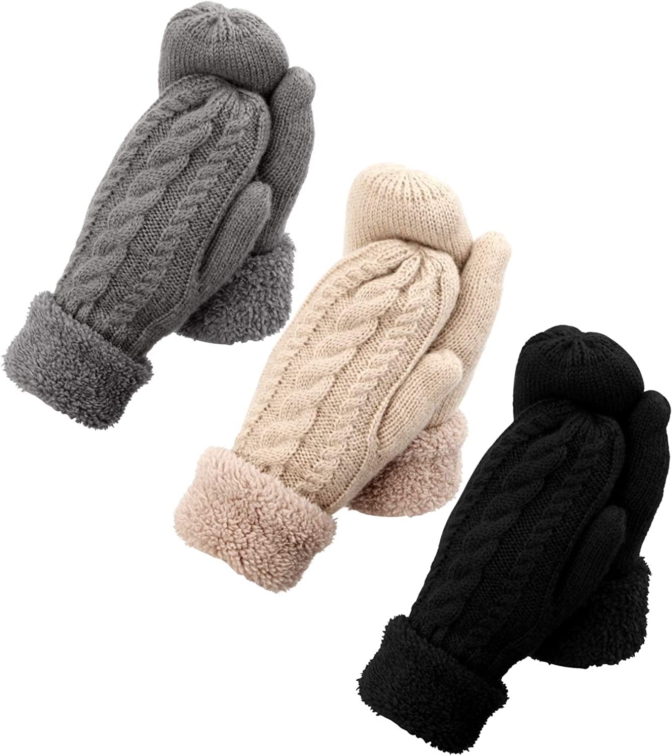 3 Pairs Winter Mitten Gloves for Women, Warm Knit Thick Gloves with Thick Fleece Lining Gift Apparel & Accessories > Clothing Accessories > Gloves & Mittens happion Black/Grey/Beige  