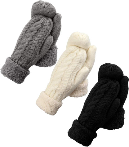 3 Pairs Winter Mitten Gloves for Women, Warm Knit Thick Gloves with Thick Fleece Lining Gift Apparel & Accessories > Clothing Accessories > Gloves & Mittens happion Grey/White/Black  