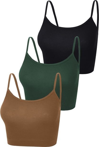 3 Pcs Crop Camisole Top Spaghetti Strap Tank Sleeveless Crop Tank Top for Women Sports Dark Green, Black, Chocolate / Medium