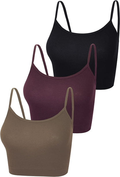 3 Pcs Crop Camisole Top Spaghetti Strap Tank Sleeveless Crop Tank Top for Women Sports Coffee, Dark Red, Black / Medium