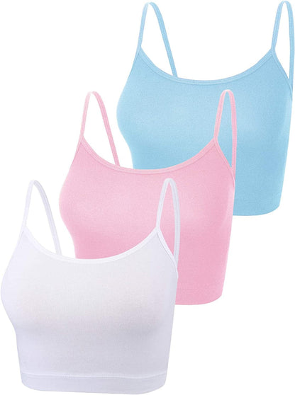 3 Pcs Crop Camisole Top Spaghetti Strap Tank Sleeveless Crop Tank Top for Women Sports Pink, Blue, White / Medium