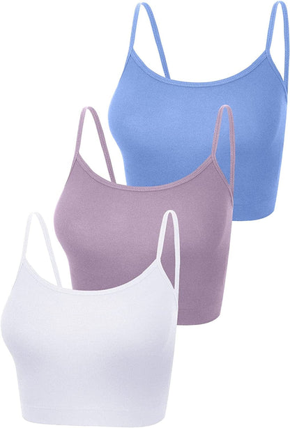 3 Pcs Crop Camisole Top Spaghetti Strap Tank Sleeveless Crop Tank Top for Women Sports Leather Pink, White, Serenity / Medium