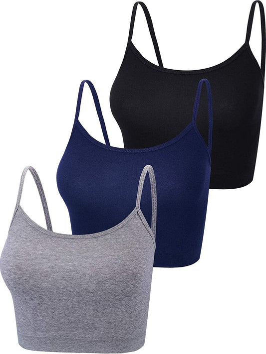 3 Pcs Crop Camisole Top Spaghetti Strap Tank Sleeveless Crop Tank Top for Women Sports Black, Dark Grey, Navy / Medium