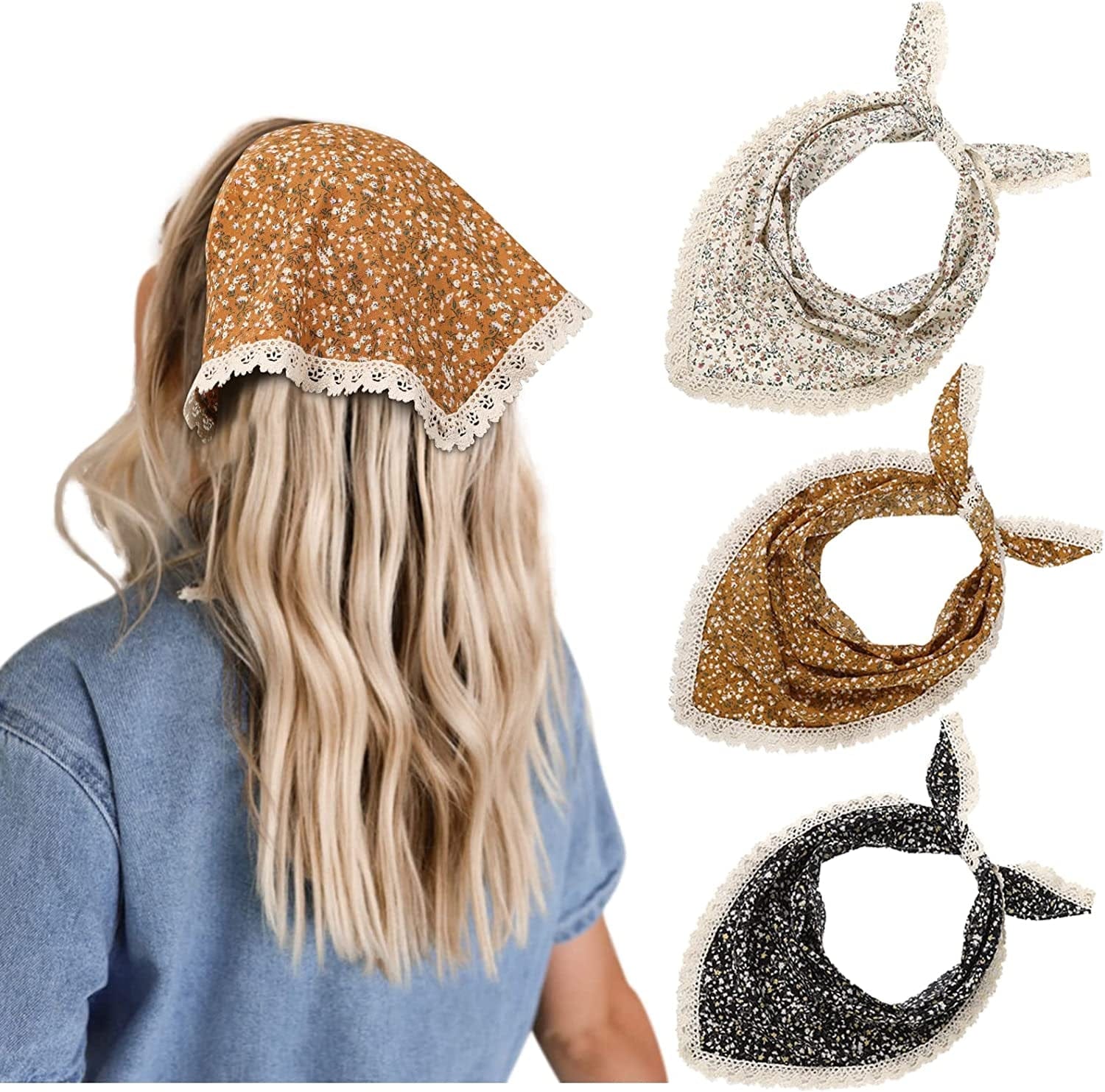 3 PCS Floral Hair Bandanas Head Kerchief - Women Bandana Print Chiffon Hair Scarf Triangle Hair Kerchief with Ties Head Scarf Apparel & Accessories > Clothing Accessories > Bandanas & Headties CHLINS Floral Lace (Black+yellow+white)  