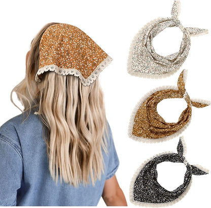 3 PCS Floral Hair Bandanas Head Kerchief - Women Bandana Print Chiffon Hair Scarf Triangle Hair Kerchief with Ties Head Scarf Apparel & Accessories > Clothing Accessories > Bandanas & Headties CHLINS Floral Lace (Black+yellow+white)  