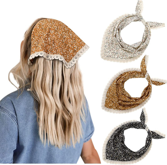 3 PCS Floral Hair Bandanas Head Kerchief - Women Bandana Print Chiffon Hair Scarf Triangle Hair Kerchief with Ties Head Scarf Apparel & Accessories > Clothing Accessories > Bandanas & Headties CHLINS Floral Lace (Black+yellow+white)  