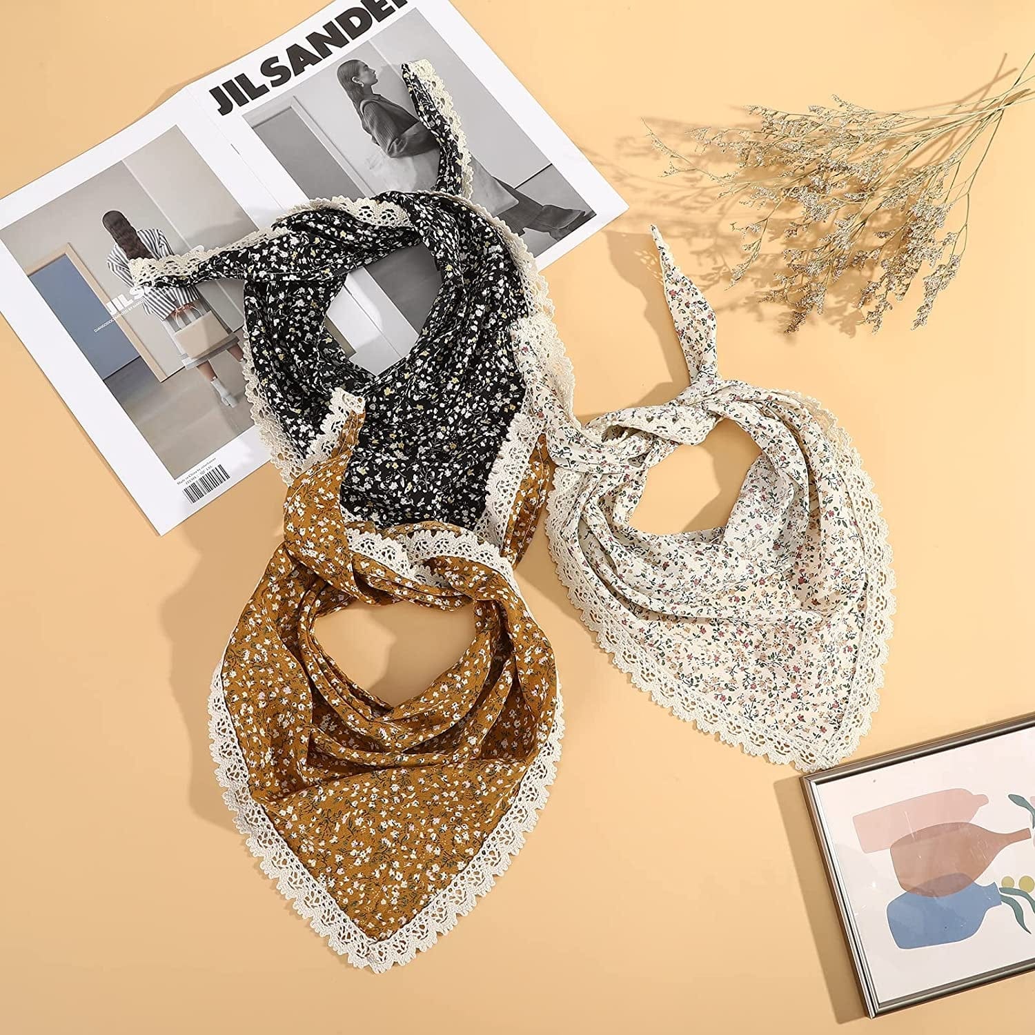 3 PCS Floral Hair Bandanas Head Kerchief - Women Bandana Print Chiffon Hair Scarf Triangle Hair Kerchief with Ties Head Scarf Apparel & Accessories > Clothing Accessories > Bandanas & Headties CHLINS   