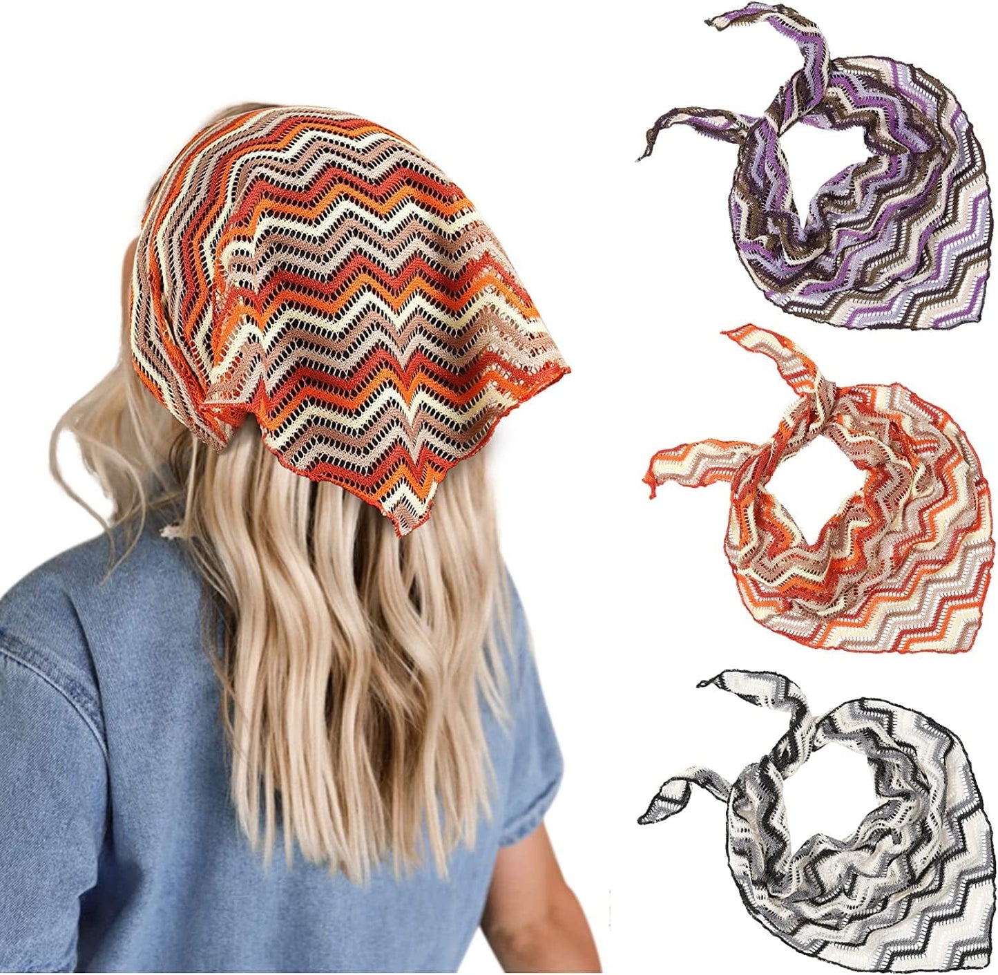 3 PCS Floral Hair Bandanas Head Kerchief - Women Bandana Print Chiffon Hair Scarf Triangle Hair Kerchief with Ties Head Scarf Apparel & Accessories > Clothing Accessories > Bandanas & Headties CHLINS Striped Knitting (Yellow+purple+black)  