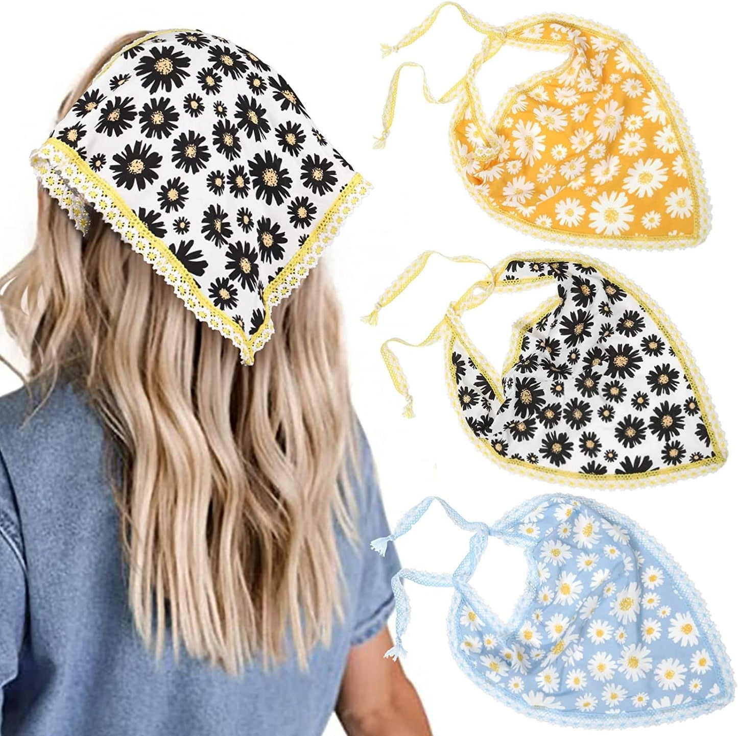 3 PCS Floral Hair Bandanas Head Kerchief - Women Bandana Print Chiffon Hair Scarf Triangle Hair Kerchief with Ties Head Scarf Apparel & Accessories > Clothing Accessories > Bandanas & Headties CHLINS Daisy Lace (Yellow + Light Blue + White)  