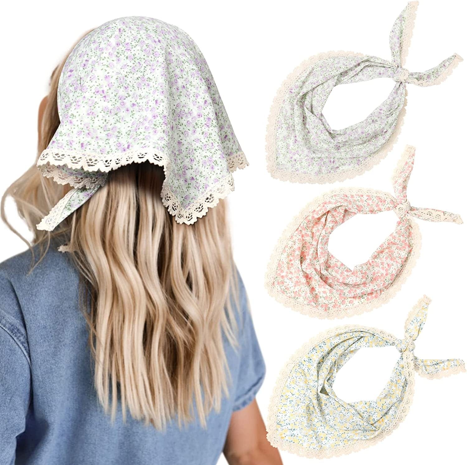 3 PCS Floral Hair Bandanas Head Kerchief - Women Bandana Print Chiffon Hair Scarf Triangle Hair Kerchief with Ties Head Scarf Apparel & Accessories > Clothing Accessories > Bandanas & Headties CHLINS Print(yellow+pink+purple)  