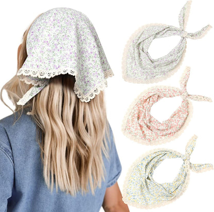 3 PCS Floral Hair Bandanas Head Kerchief - Women Bandana Print Chiffon Hair Scarf Triangle Hair Kerchief with Ties Head Scarf Apparel & Accessories > Clothing Accessories > Bandanas & Headties CHLINS Print(yellow+pink+purple)  