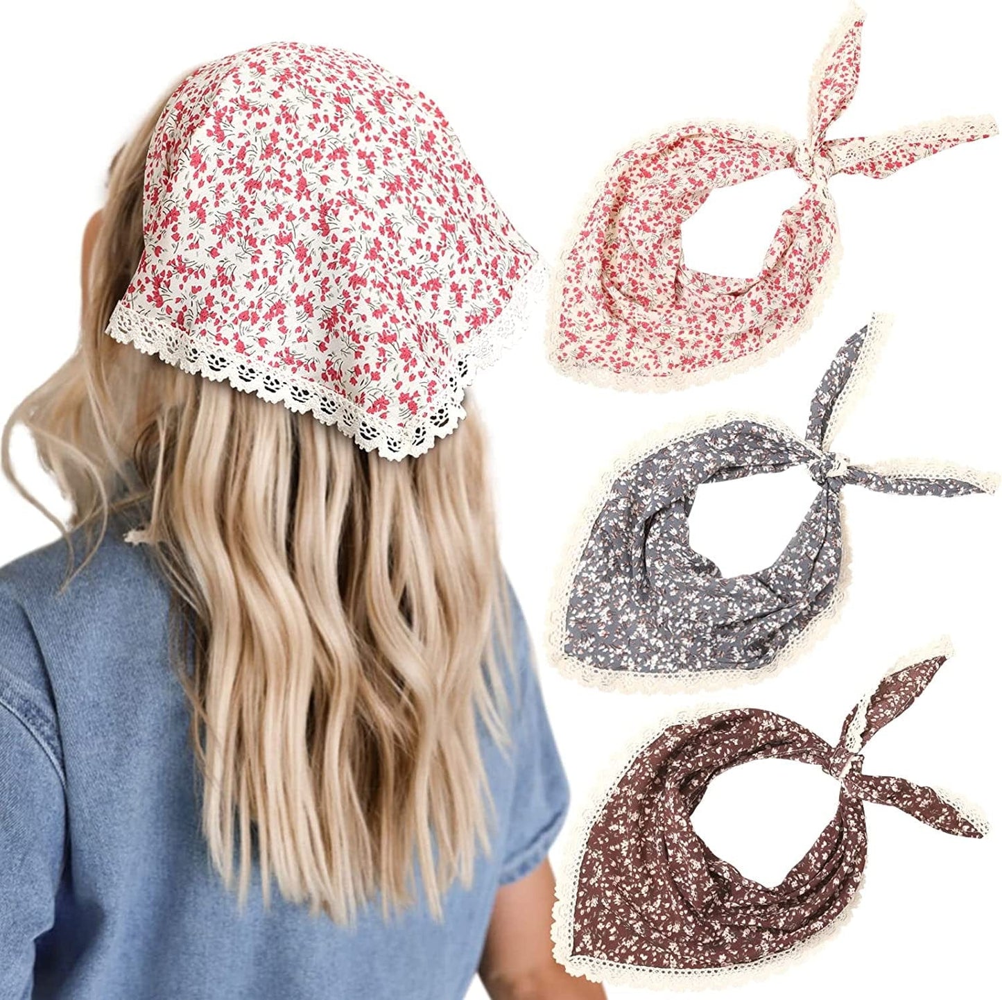 3 PCS Floral Hair Bandanas Head Kerchief - Women Bandana Print Chiffon Hair Scarf Triangle Hair Kerchief with Ties Head Scarf Apparel & Accessories > Clothing Accessories > Bandanas & Headties CHLINS Floral Lace(coffee + Blue + Beige)  