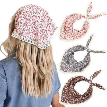 3 PCS Floral Hair Bandanas Head Kerchief - Women Bandana Print Chiffon Hair Scarf Triangle Hair Kerchief with Ties Head Scarf Apparel & Accessories > Clothing Accessories > Bandanas & Headties CHLINS Floral Lace(coffee + Blue + Beige)  