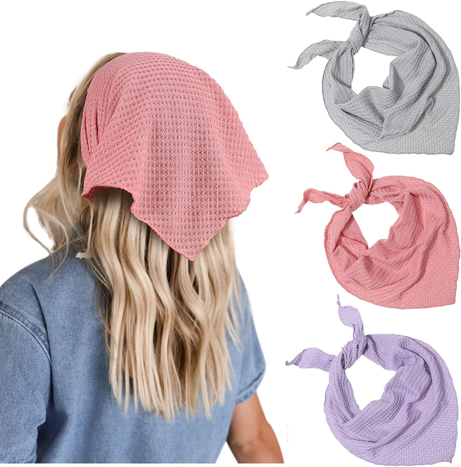 3 PCS Floral Hair Bandanas Head Kerchief - Women Bandana Print Chiffon Hair Scarf Triangle Hair Kerchief with Ties Head Scarf Apparel & Accessories > Clothing Accessories > Bandanas & Headties CHLINS Solid Color Knitting (Gray + Purple + Pink)  