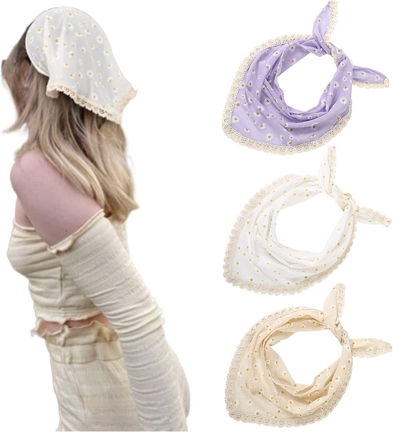3 PCS Floral Hair Bandanas Head Kerchief - Women Bandana Print Chiffon Hair Scarf Triangle Hair Kerchief with Ties Head Scarf Apparel & Accessories > Clothing Accessories > Bandanas & Headties CHLINS Floral Lace (Purple + Yellow + White)  
