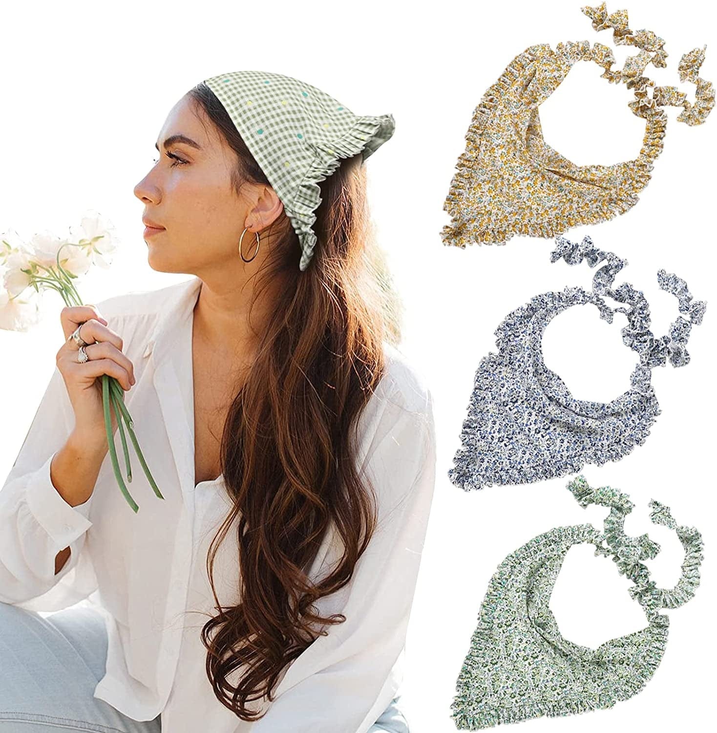 3 PCS Floral Hair Bandanas Head Kerchief - Women Bandana Print Chiffon Hair Scarf Triangle Hair Kerchief with Ties Head Scarf Apparel & Accessories > Clothing Accessories > Bandanas & Headties CHLINS Floral Folds (Blue+yellow+green)  