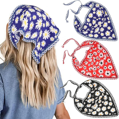 3 PCS Floral Hair Bandanas Head Kerchief - Women Bandana Print Chiffon Hair Scarf Triangle Hair Kerchief with Ties Head Scarf Apparel & Accessories > Clothing Accessories > Bandanas & Headties CHLINS Daisy Lace (Red + Black + Dark Blue)  