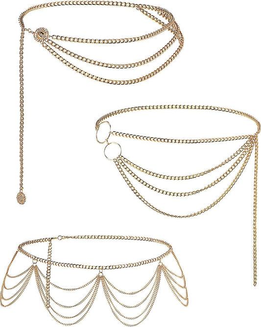 3 Pieces Belly Waist Chain Multi Layer Metal Waist Chain Body Summer Beach Chain for Women and Girls Apparel & Accessories > Jewelry > Body Jewelry Hicarer Tassel Style  