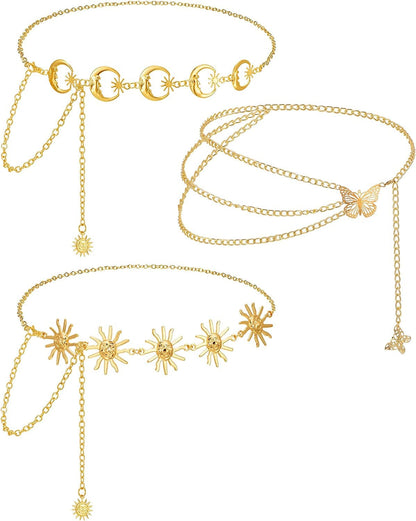 3 Pieces Belly Waist Chain Multi Layer Metal Waist Chain Body Summer Beach Chain for Women and Girls Apparel & Accessories > Jewelry > Body Jewelry Hicarer Modern Style  