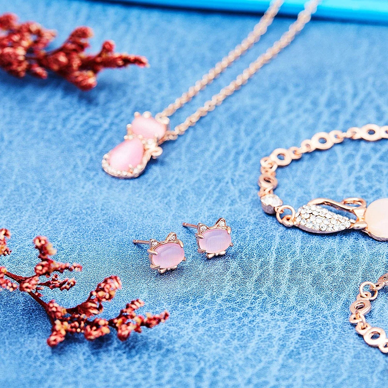 3 Pieces Cat Jewelry for Girls Set Cat Necklace Cat Bracelet Earring Pink Opal Pendant for Teen Girls and Women Christmas Gift
