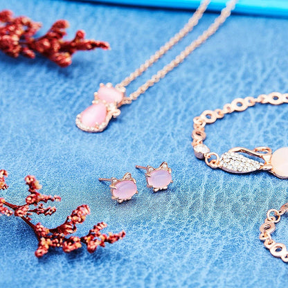 3 Pieces Cat Jewelry for Girls Set Cat Necklace Cat Bracelet Earring Pink Opal Pendant for Teen Girls and Women Christmas Gift