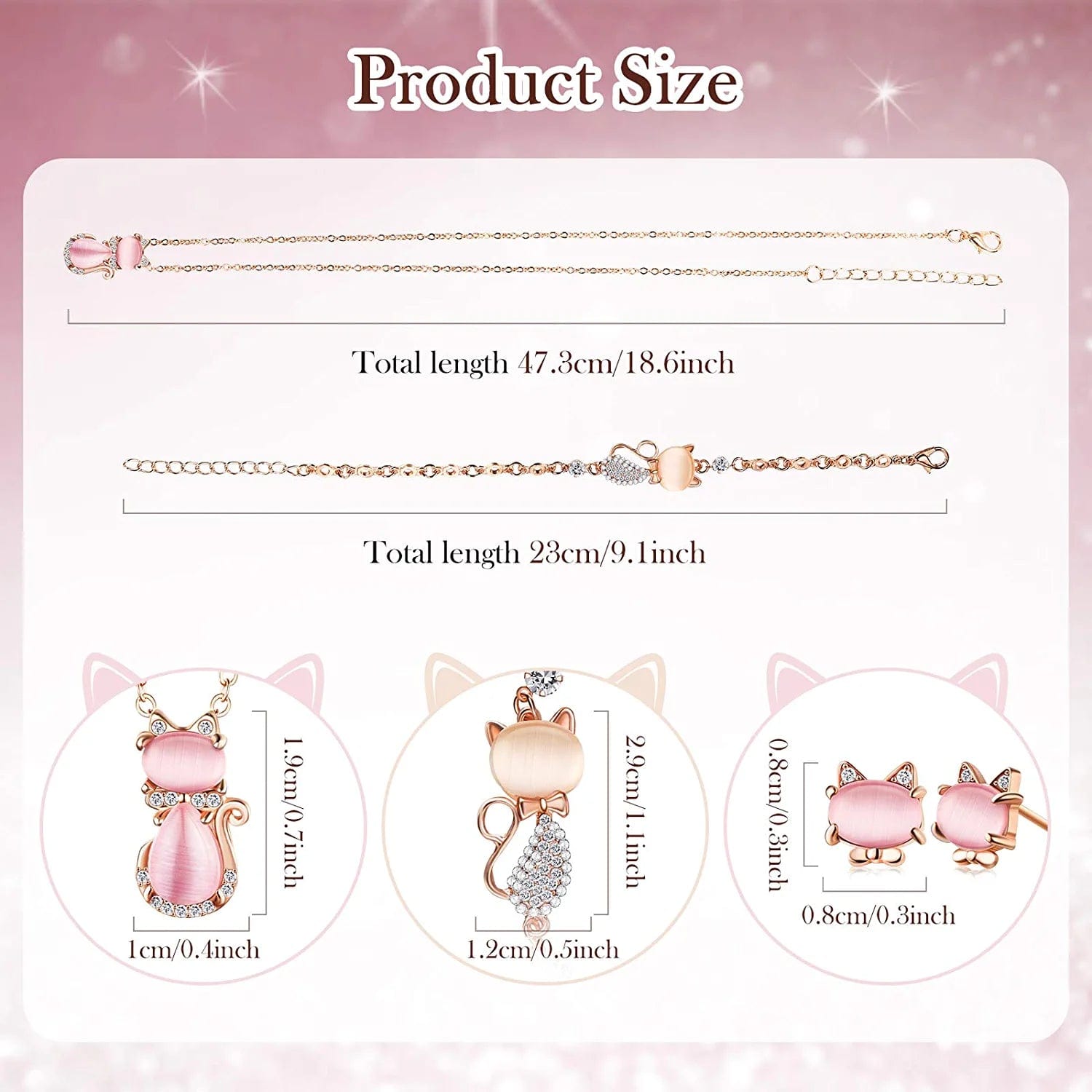 3 Pieces Cat Jewelry for Girls Set Cat Necklace Cat Bracelet Earring Pink Opal Pendant for Teen Girls and Women Christmas Gift