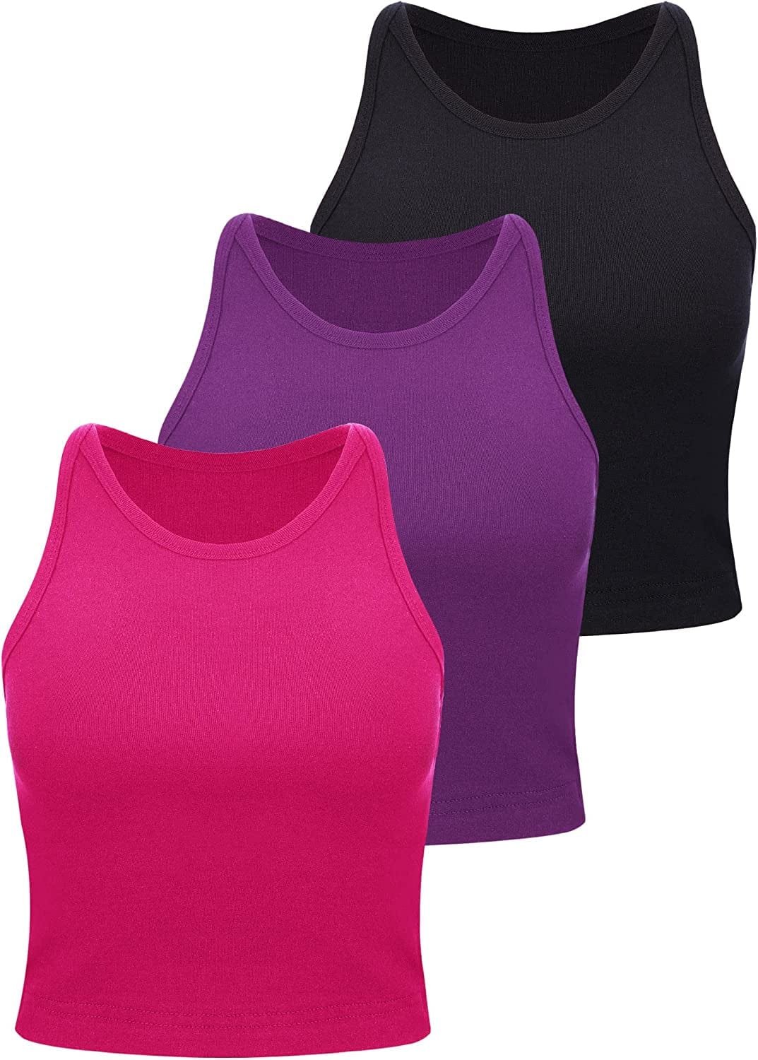 3 Pieces Crop Tops Racerback Crop for Women Crop Tank Workout Tops Cotton Basic Sports Crop for Lady Girls Black, Rosy, Purple / Large