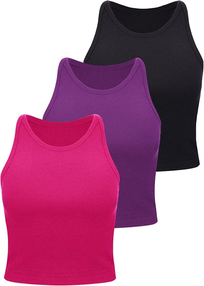 3 Pieces Crop Tops Racerback Crop for Women Crop Tank Workout Tops Cotton Basic Sports Crop for Lady Girls Black, Rosy, Purple / Large